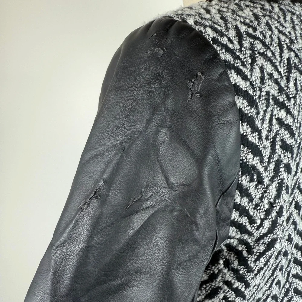 Mossimo Womens Black White Herringbone Tweed Faux Leather Zip Lined Jacket Sz M‎